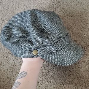 Gray paperboy wool cap hat button detail
